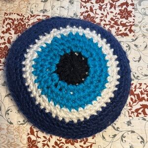 Evil eye design Handmade Blue and White throw pillow  - about 13 inches round